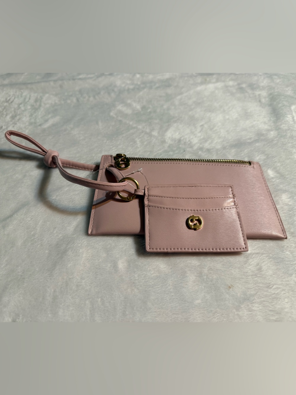 Pink Leather Wristlet Card Case Set with Gold Hardware
